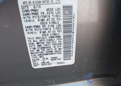 2011 Nissan Rogue S из США, поврежденный, VIN JN8AS5MV5BW257886